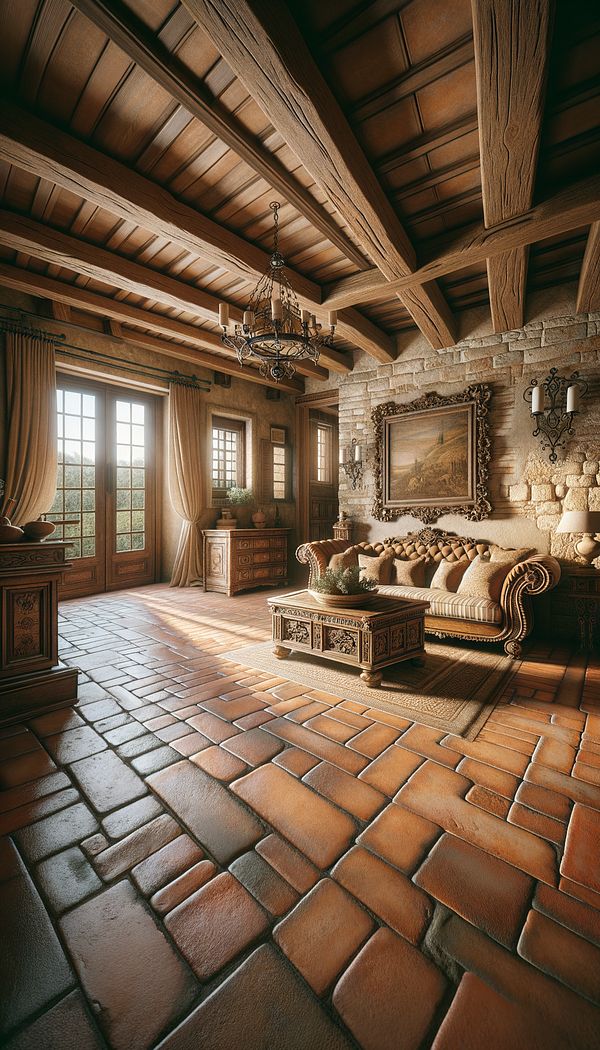 An interior room showcasing Tuscan design style, featuring terra cotta floor tiles, stone walls, wrought iron details, and wooden furniture.