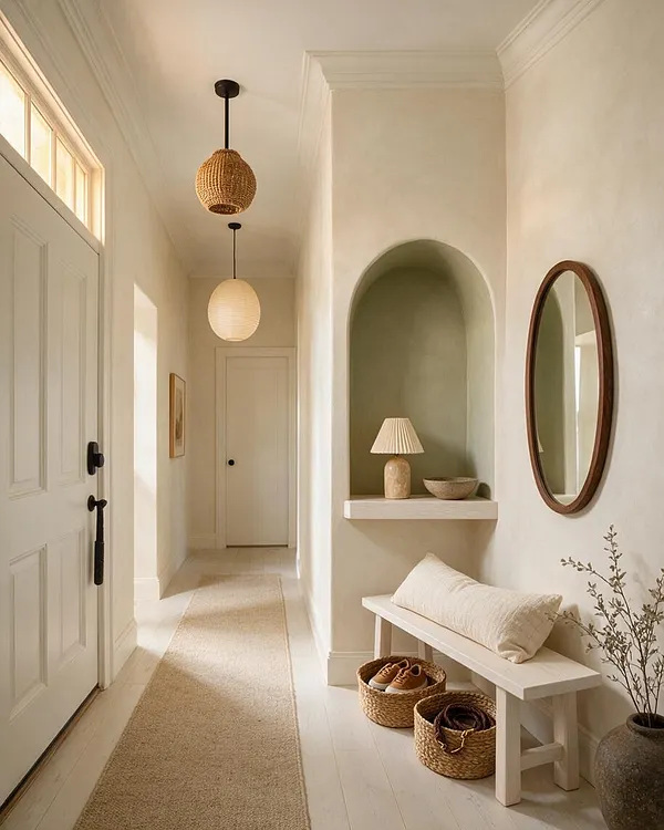 A bright organic modern entryway with cream walls, a narrow jute runner, and two woven pendant lights hanging from the ceiling. The space features an arched alcove with a small shelf, a white bench with a linen cushion, wicker baskets, a round wood-framed mirror, and soft neutral decor.
