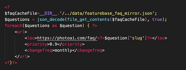 The image displays a code snippet related to generating a sitemap for FAQs.