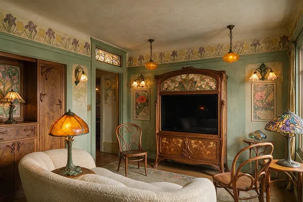 A warm media room with an Art Nouveau aesthetic features a carved wooden entertainment cabinet with floral inlay framing a large television, paired with curved wood chairs and a cream textured sofa. Mint green walls, floral frieze wallpaper, amber glass pendant lights, and stained-glass lamps create a soft, decorative atmosphere.