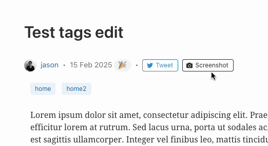 The image displays a user interface for editing tags with options to tweet and take a screenshot.