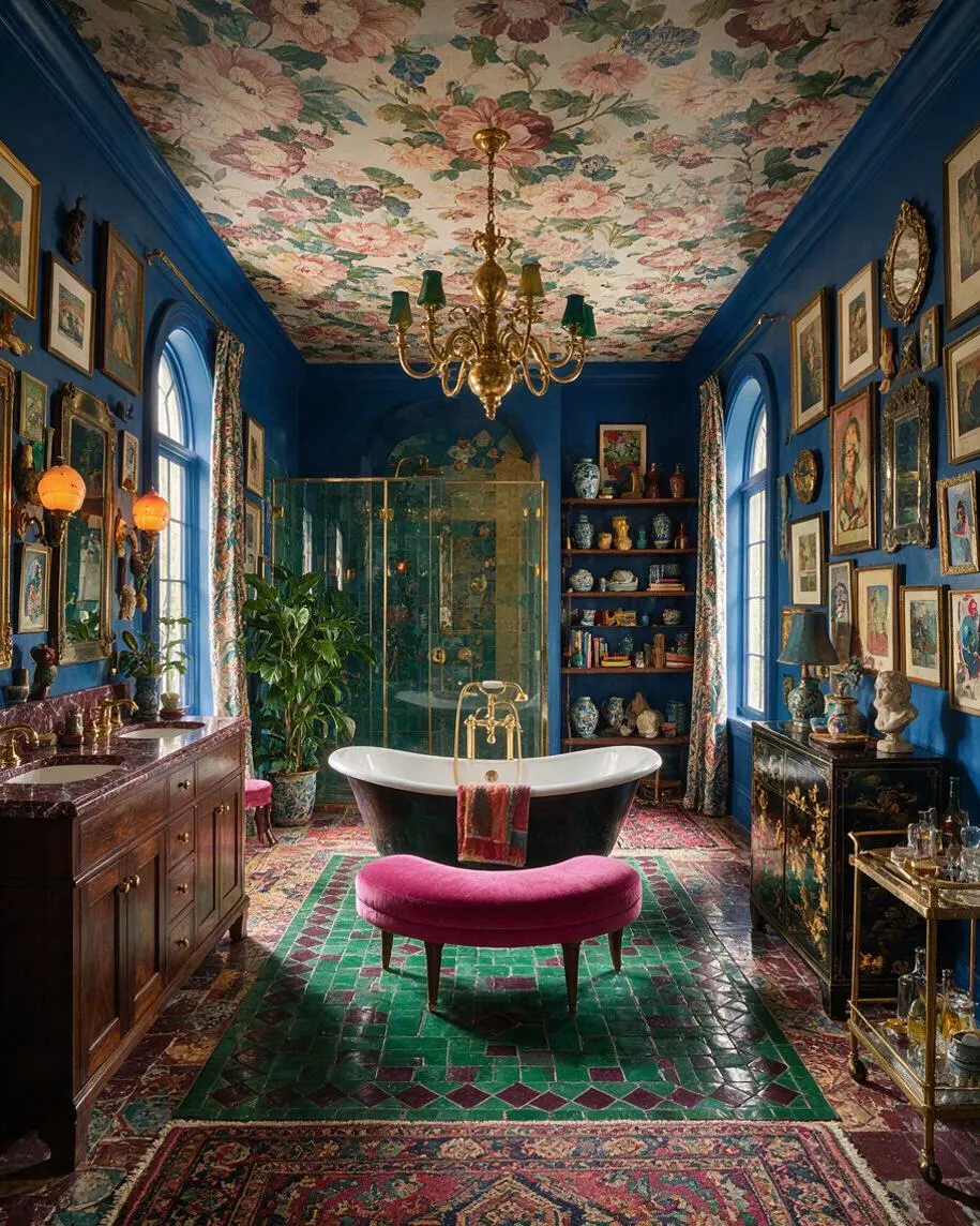 A maximalist master bathroom with deep cobalt blue walls, a floral wallpapered ceiling, and a gold chandelier. The room features a freestanding black-and-white bathtub, a glass shower enclosure, framed art covering the walls, patterned rugs, a pink upholstered bench, and richly detailed wood and lacquer furniture.
