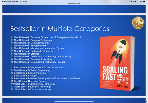 The image features a promotional graphic for the book 'Scaling Fast' highlighting its bestseller status in various categories.