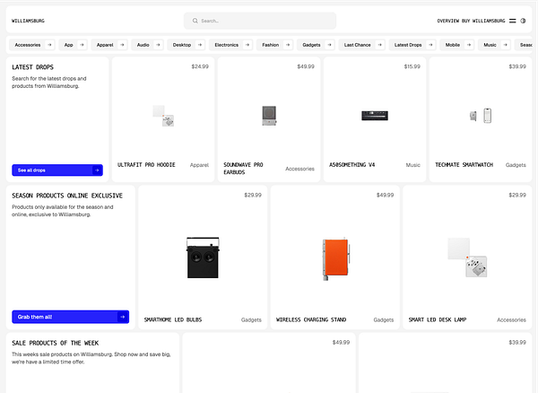 The image displays a product selection interface for the Williamsburg theme, showcasing various items available for purchase.