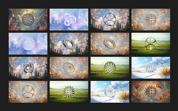 A grid of 16 artistic wallpapers featuring various 3D shapes against scenic backgrounds.