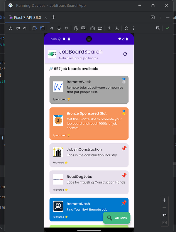 The image displays a mobile app interface for JobBoardSearch, showcasing various job boards available.