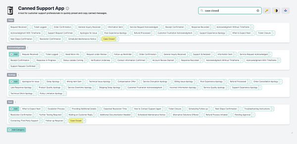 Screenshot of the Canned Support plugin interface in Carrd showing a search result with highlighted original preset.