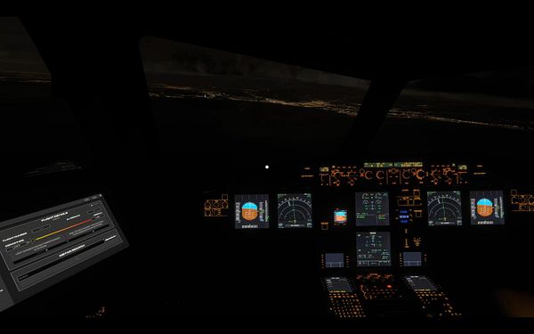 A screenshot of a Flight Simulator showing an aircraft flying over a coastal city during sunset.