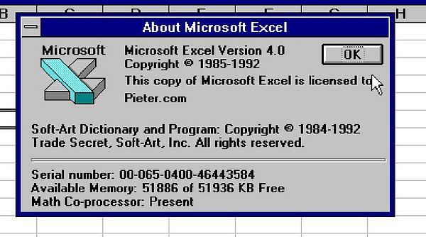 The image displays an 'About Microsoft Excel' dialog box for Excel Version 4.0.