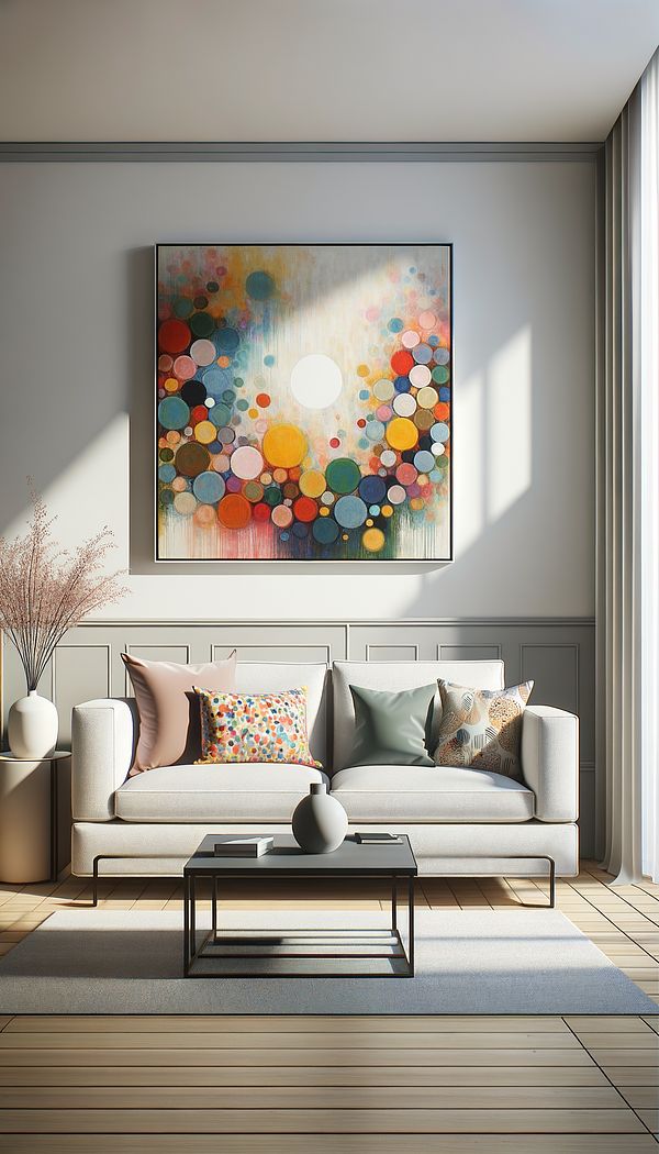 A minimalist living room with a large, colorful abstract painting as the focal point, complemented by a sofa and cushions featuring subtle abstract patterns.