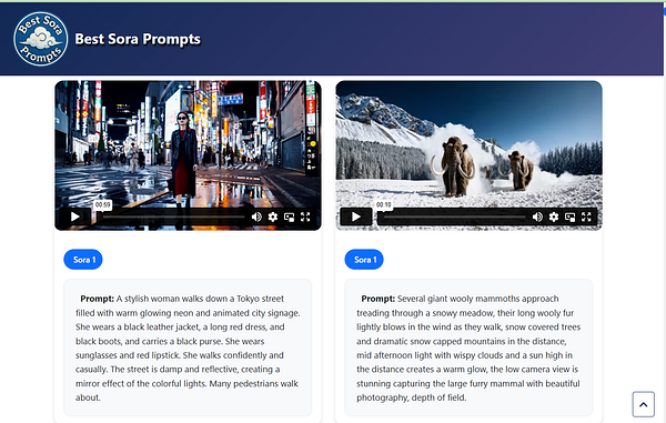 The image features a user interface displaying two video prompts related to 'Best Sora Prompts'.