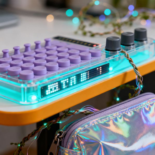 A close-up of a kids’ desk styled with cyberpunk details shows a transparent acrylic music controller glowing teal, with lavender silicone buttons, gray dial knobs, and a pixel LED display. It sits on an orange-edged shelf, surrounded by multicolor fairy lights, a braided cable with greenery, and a holographic lavender zip pouch hanging below, creating a playful, neon-lit workspace.