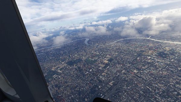 Screenshot of a flight simulator HUD showing an aircraft preparing for an emergency landing near Bangkok (BKK) with various flight metrics displayed.