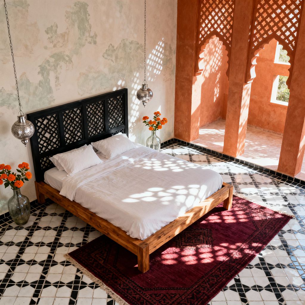 A Moroccan-style bedroom with a low solid-wood platform bed dressed in white linens and a black lattice headboard, set on a black-and-white zellige tile floor with a burgundy rug. Terracotta arched screens cast patterned sunlight across limewashed plaster walls, while two hanging pierced metal lanterns and clear glass vases with bright orange flowers frame the bed.