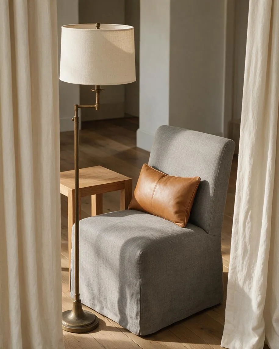 A cozy Transitional-style vignette framed by cream curtains features a gray upholstered chair with a tan leather lumbar pillow, a slender brass floor lamp with a cream shade, and a small light wood side table. Warm wood flooring and soft neutral tones create a calm, sunlit atmosphere.