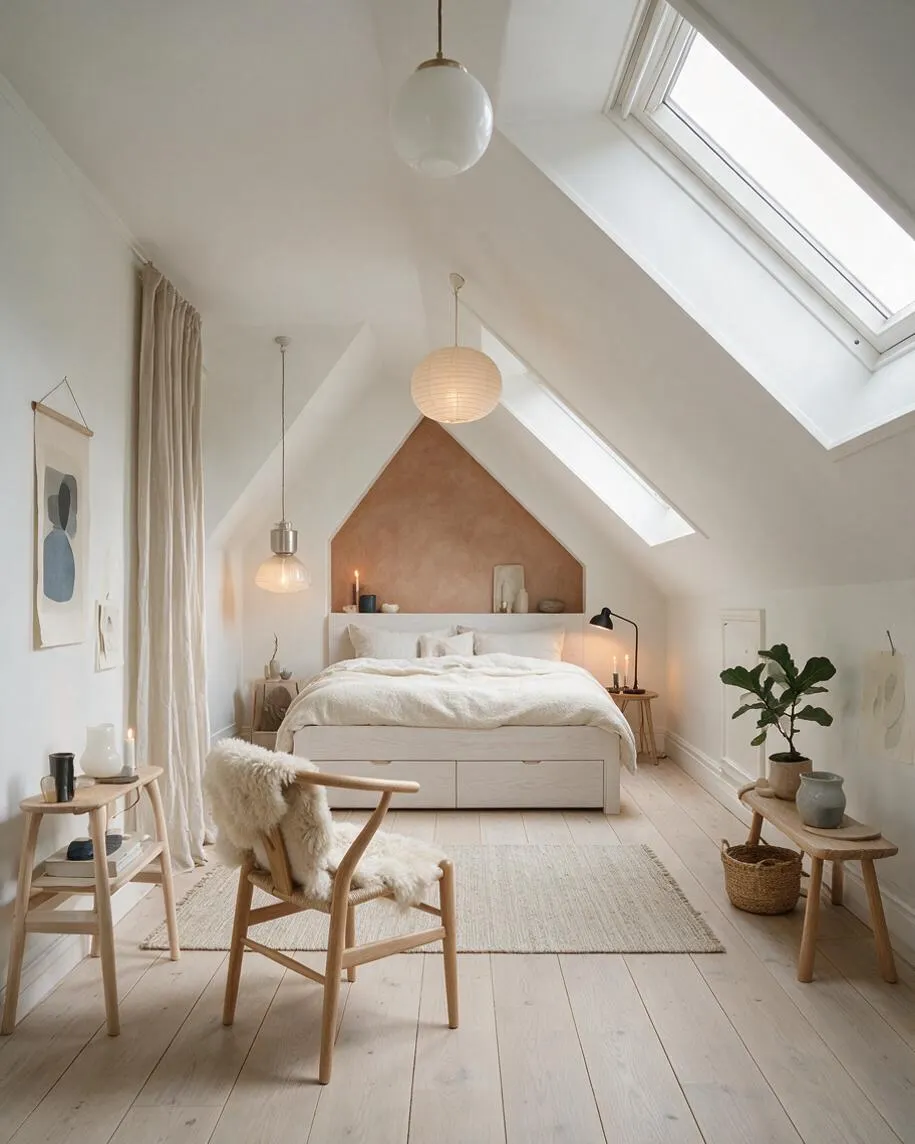 A serene Scandinavian-style master bedroom in a white attic space with sloped ceilings and skylights. A low upholstered bed sits against a terracotta-toned alcove wall, surrounded by pale wood furniture, neutral textiles, and warm ambient lighting.