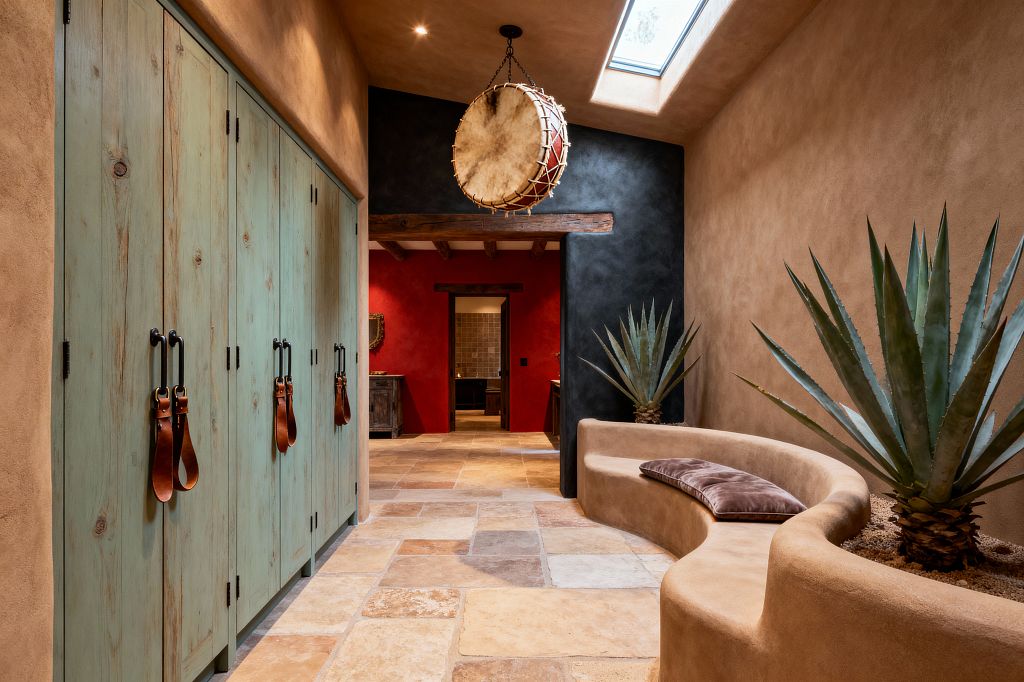 A Southwestern mudroom features tan, hand-troweled plaster walls and a curved built-in bench with agave planters and a brown cushion. The floor is multi-size tumbled stone tile in sand and terracotta tones. On the left, tall distressed turquoise wood lockers have black iron handles with leather strap pulls. Overhead, a rawhide drum pendant hangs near a skylight. A charcoal accent wall and timber beam frame a red stucco room beyond.