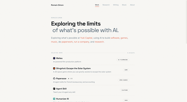 A screenshot of a personal website homepage featuring a mountain landscape background and a centered layout with navigation links, title, description, and social media icons.