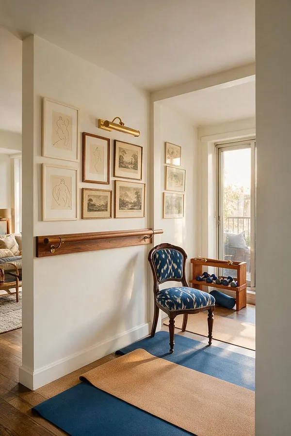A bright home gym with layered blue and tan exercise mats on a wood floor, a vintage upholstered chair, and a wooden dumbbell rack near a glass door. The walls are decorated with framed artwork and a brass wall light, creating a stylish eclectic feel.