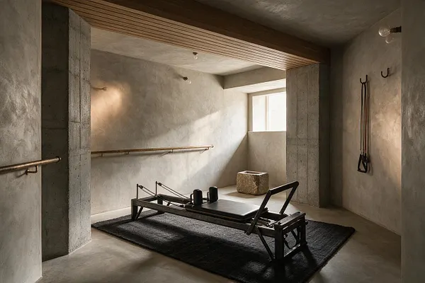 A minimalist home gym with smooth concrete walls, exposed concrete columns, and a slatted wood ceiling accent. In the center sits a black Pilates reformer on a dark rug, with small wall-mounted hand weights, resistance bands, and a stone block bench near a bright window.