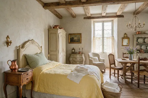 A French Country guest bedroom with a carved cream headboard, yellow quilted bedding, and rustic wood beams on the ceiling. The room includes vintage furniture, a dining table with chairs, a chandelier, and soft natural light from a tall window.