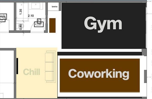 The image is a floor plan layout showing designated areas for a gym, coworking space, and a chill area.