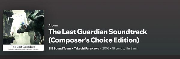 The image displays the album cover and details for 'The Last Guardian Soundtrack (Composer's Choice Edition)'.
