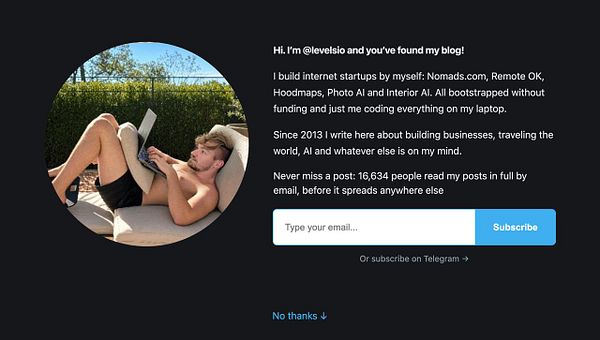 Screenshot of a blog intro page with a subscribe button and a 'No, thanks' text link.