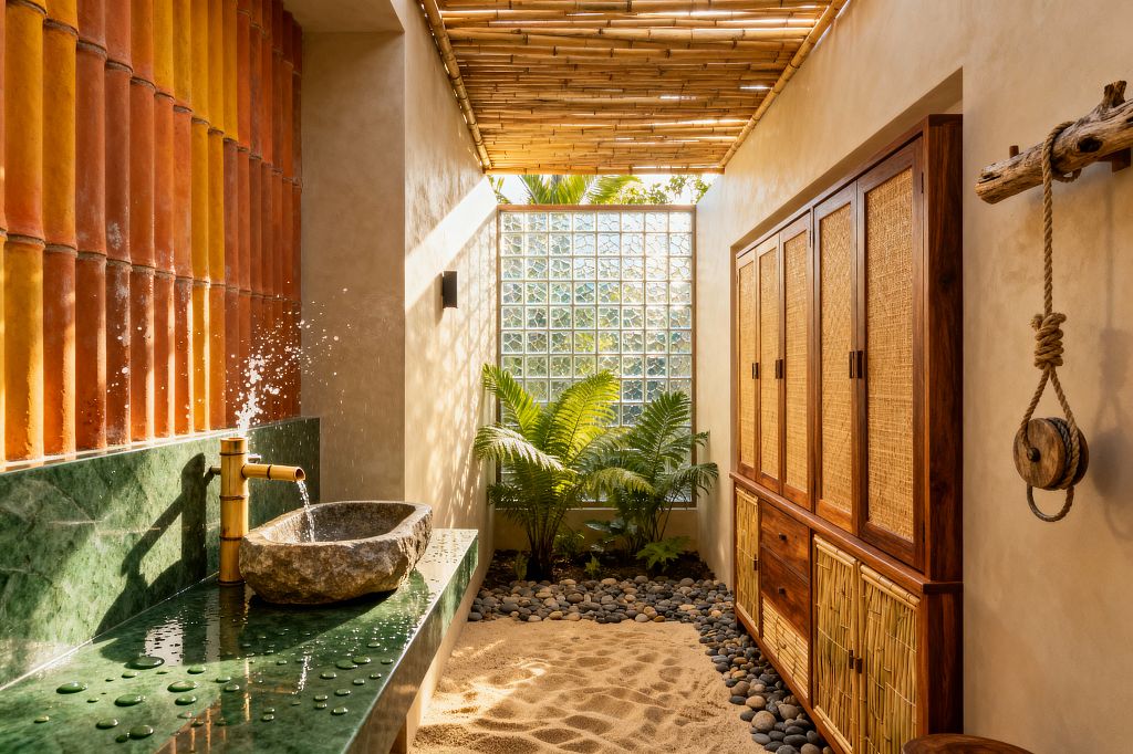 A sunlit tropical laundry features a bamboo slat ceiling, a glossy green stone countertop with a carved stone basin and bamboo spout, and a wall of warm terracotta vertical tiles. On the right, a tall teak cabinet with woven rattan panels offers storage. At the back, a glass-block window backlights ferns planted in a pebble bed. Sand covers the floor with river rocks at the edges, creating an open-air, spa-like workspace.