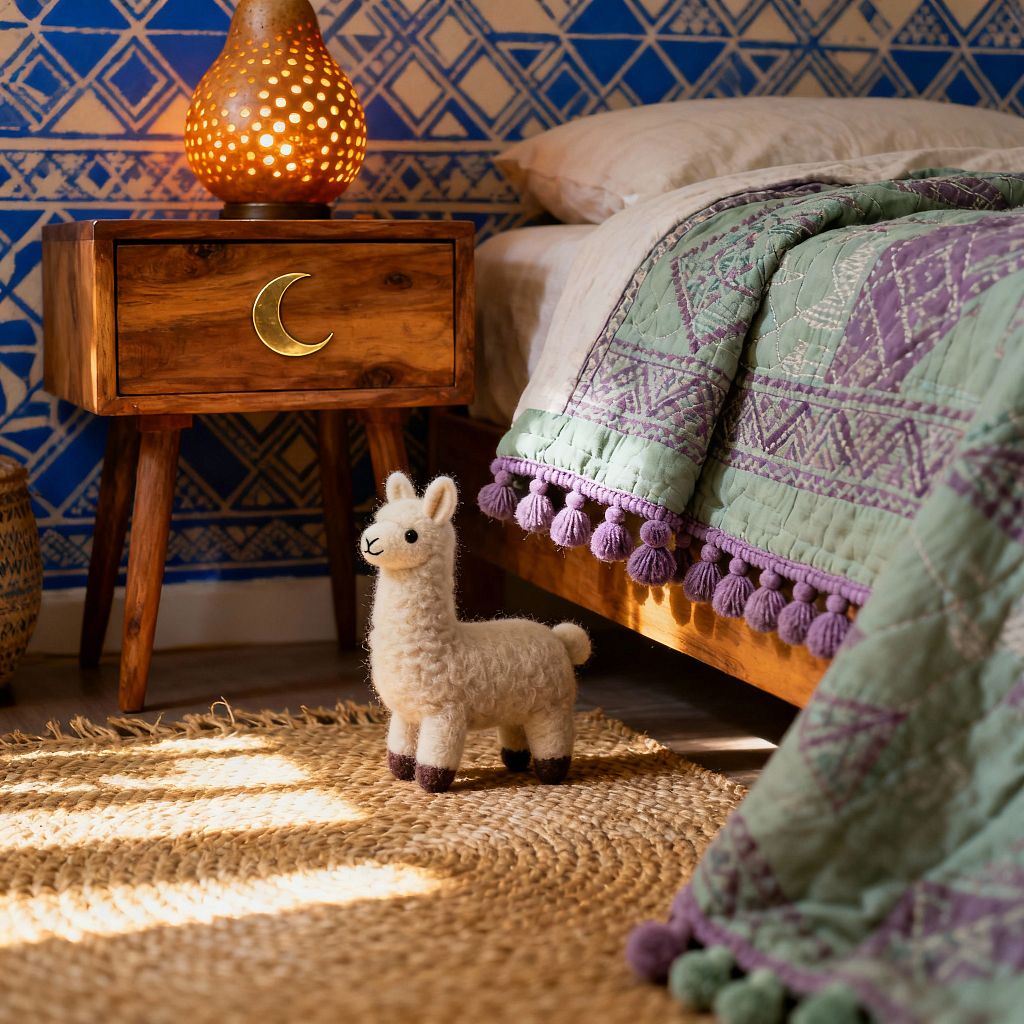 Close-up of a bohemian children’s room showing a honey-toned wood bed and matching nightstand with a brass crescent drawer pull. A perforated ceramic lamp glows on the table, while a mint quilt with lavender geometric stitching and pom‑pom trim drapes over the bed. The wall behind features a blue and cream tribal pattern, a braided jute rug covers the floor, and a small woolly llama toy stands in the sunlight.