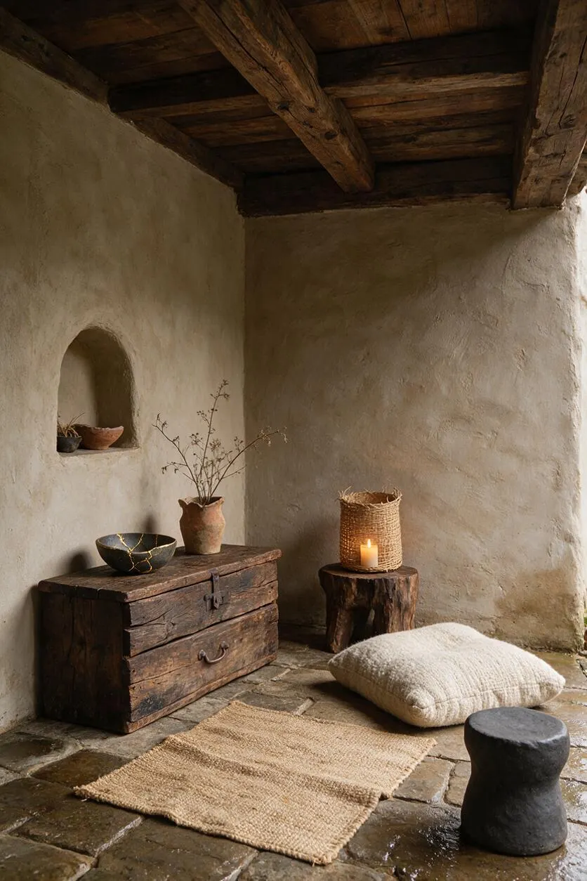 A serene front porch with rough plaster walls, exposed weathered wood beams, and a stone floor. The space is styled with a rustic wooden chest, clay vessels, a woven basket holding a candle, a neutral cushion, a textured rug, and a small dark stool, creating a calm wabi-sabi atmosphere.