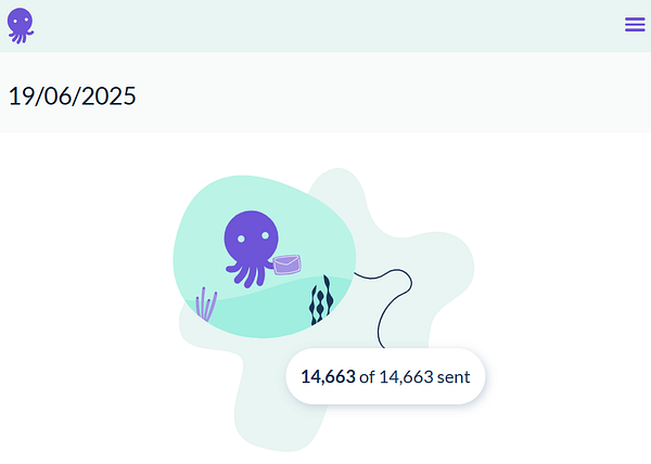 A whimsical illustration of an octopus sending a newsletter, with a progress indicator for emails sent.