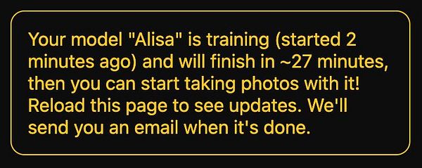 A notification about the training status of an AI model named 'Alisa'.