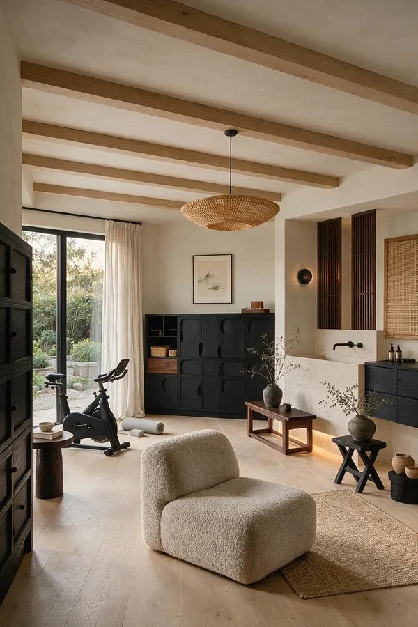 A calm home gym in Japandi style with a stationary bike near a large window, black storage cabinets, and a sculptural boucle lounge chair on a woven rug. The room features exposed wood ceiling beams, a woven pendant light, light wood floors, and warm neutral tones with black accents.