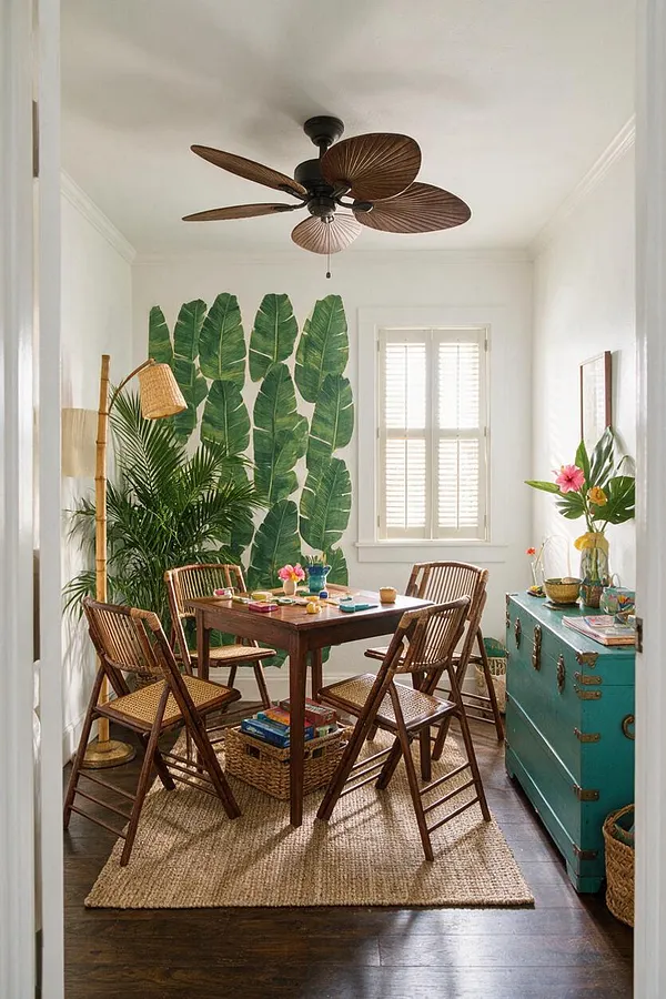 A bright tropical-style game room with a dark wood game table surrounded by four rattan folding chairs, a woven jute rug, and a ceiling fan with wood-toned leaf blades. Large palm leaf wall art fills the back wall, while a teal trunk, potted greenery, and a bamboo floor lamp add natural texture and color.