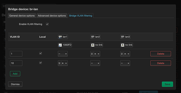 The image displays a network configuration interface for setting up VLAN filtering on a bridge device.