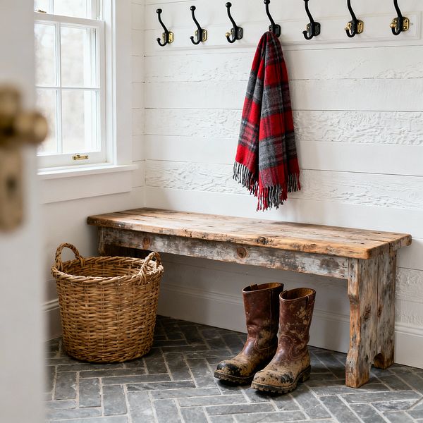 A compact farmhouse mudroom corner with white shiplap walls and a row of black double hooks, one holding a red and gray plaid scarf. A long reclaimed wood bench with a weathered surface sits above dark gray herringbone brick flooring, next to a woven wicker basket and a pair of muddy brown boots. Daylight from a white-trimmed window brightens the space, highlighting rustic textures and a practical, welcoming entry.