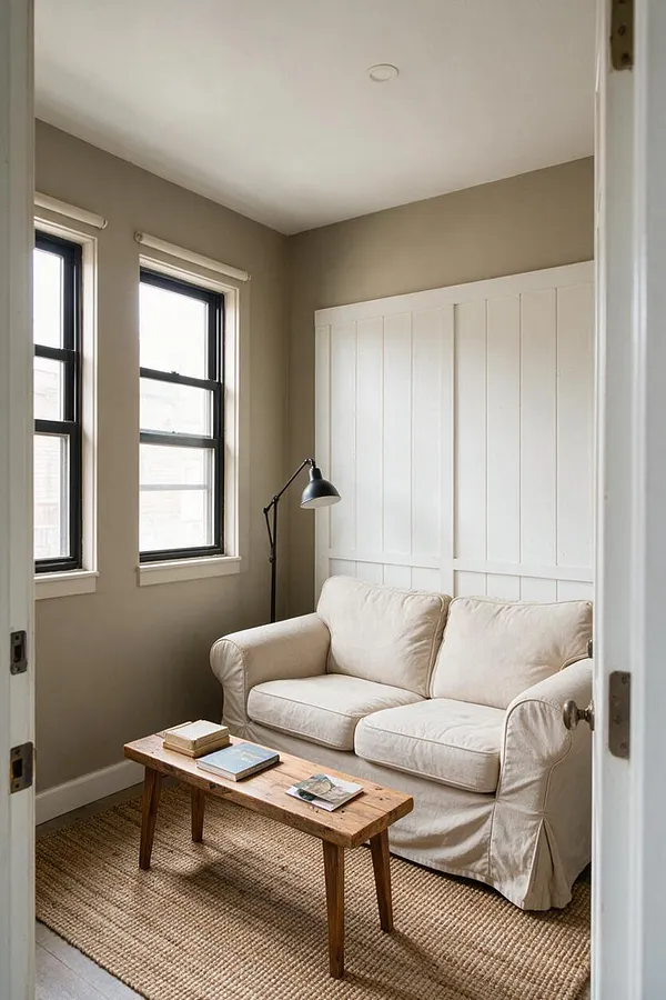 A small farmhouse-style sunroom with taupe walls, black-framed windows, and white board-and-batten wall panels behind a cream slipcovered sofa. A simple wood coffee table sits on a woven natural fiber rug, with a black floor lamp adding a minimal accent.