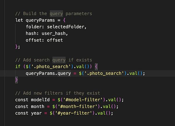 The image displays a code snippet for building query parameters in JavaScript.