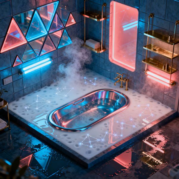 A cyberpunk-inspired bathroom with deep blue ceramic tile walls and a stainless steel oval soaking tub recessed into a white, dimpled platform. Neon blue and hot pink lighting backlights triangular mirrored panels, a vertical mirror niche, and tube sconces; steam rises from the tub, small constellation LEDs sparkle across the deck, brass faucets and shelving gleam, and a glossy dark floor reflects the colorful glow and scattered water.