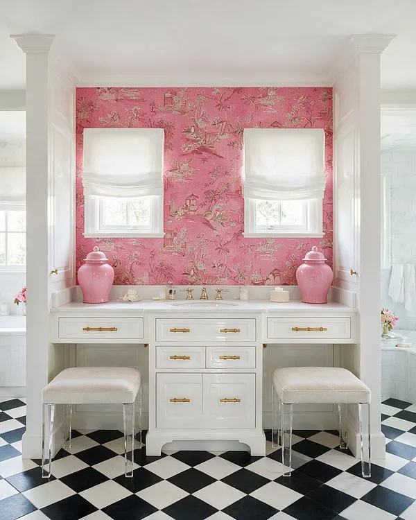 A glamorous master bathroom vanity area with pink chinoiserie wallpaper, two small windows with white Roman shades, and a white built-in double vanity. The vanity has gold hardware, two pink ceramic ginger jars, cream upholstered stools, and a black-and-white checkerboard floor, creating a bright Hollywood Regency look.