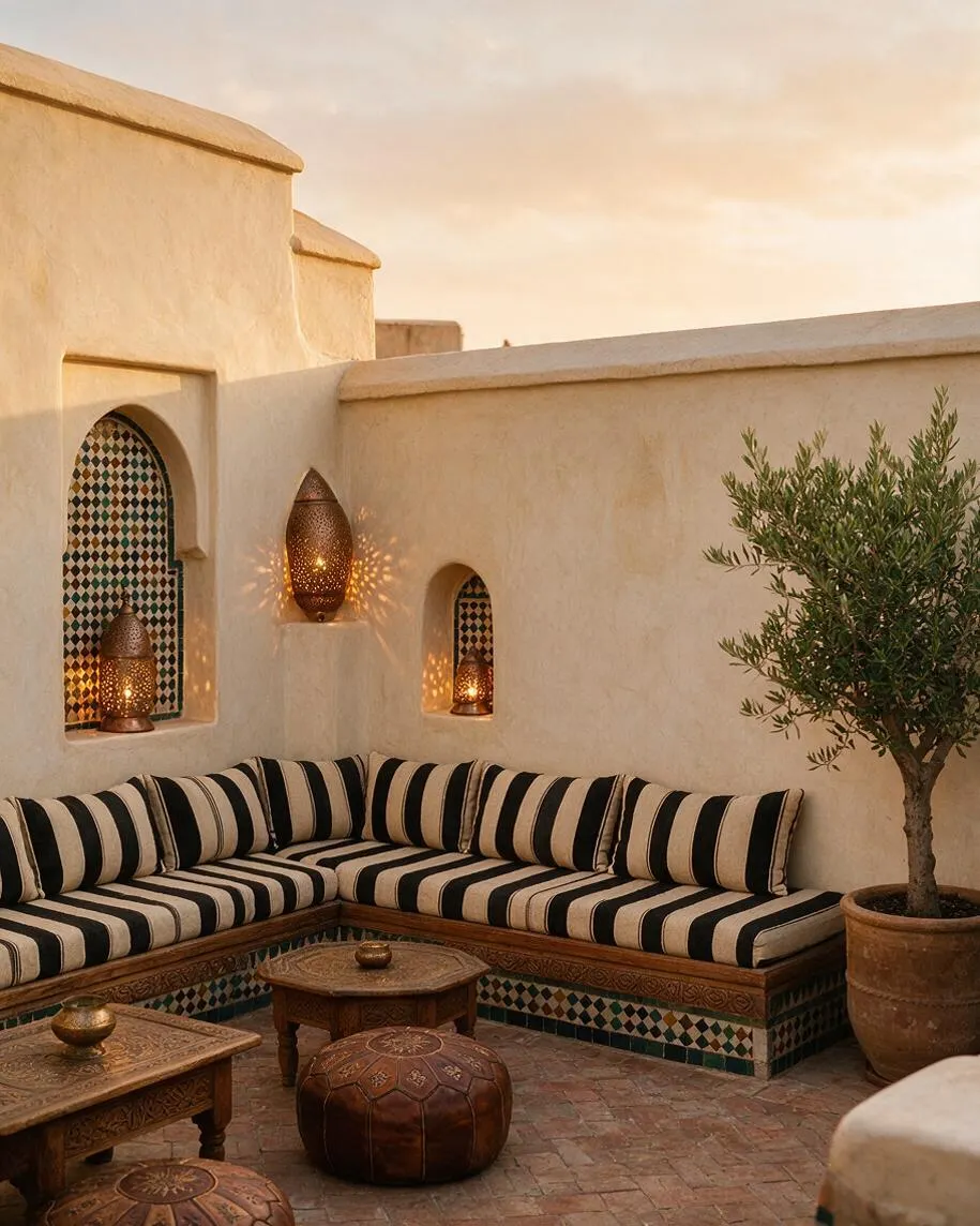 A Moroccan-style outdoor courtyard with cream stucco walls, arched mosaic niches, and warm lanterns glowing at dusk. Black-and-cream striped cushions wrap around built-in seating, with carved wooden tables, leather poufs, terracotta pots, and an olive tree adding texture and warmth.