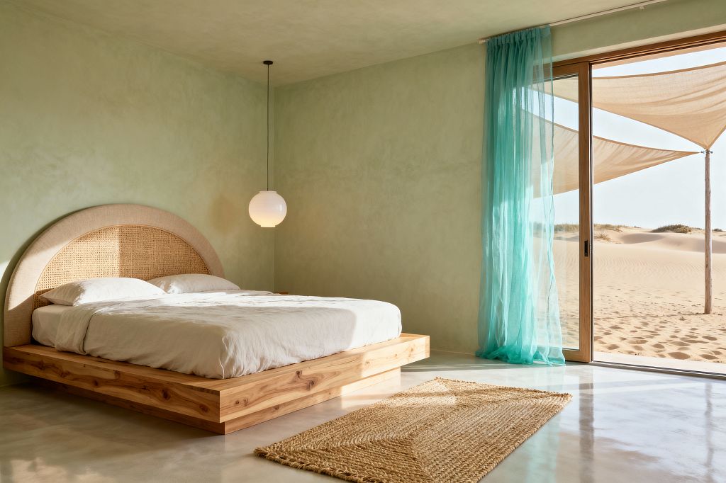 A minimalist coastal bedroom features a low platform bed in knotty natural wood with an arched headboard combining rattan cane and linen upholstery. Seafoam plaster walls, a single white globe pendant, and a pale polished-concrete floor create calm, while a timber-framed sliding door with sheer aqua curtains opens to sandy dunes; a braided jute rug rests beside the bed dressed in white bedding, all bathed in warm natural light.