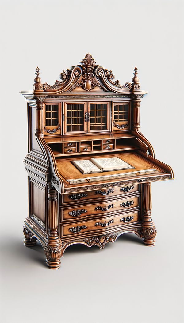 An elegantly designed antique secretary with a drop front lowered to reveal a polished wooden writing surface and organized interior compartments.