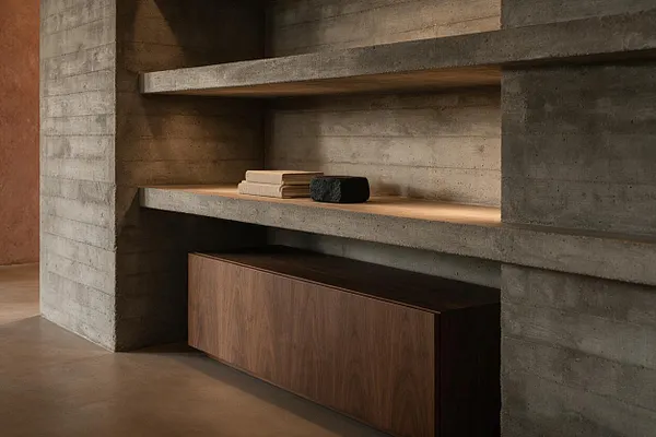 A Brutalist interior vignette featuring raw concrete built-in shelves and walls, with a long walnut cabinet beneath. A few books and a dark sculptural object sit on the middle shelf, while warm light highlights the textures of the concrete and wood.