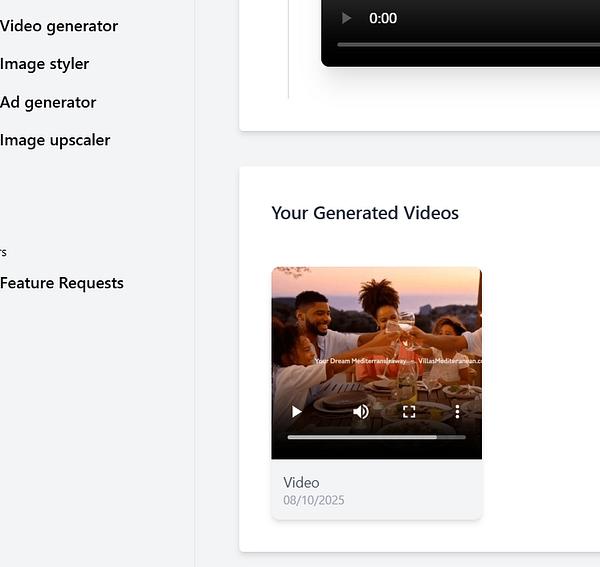 The image displays a user interface for a video generation tool, showcasing a section for generated videos.