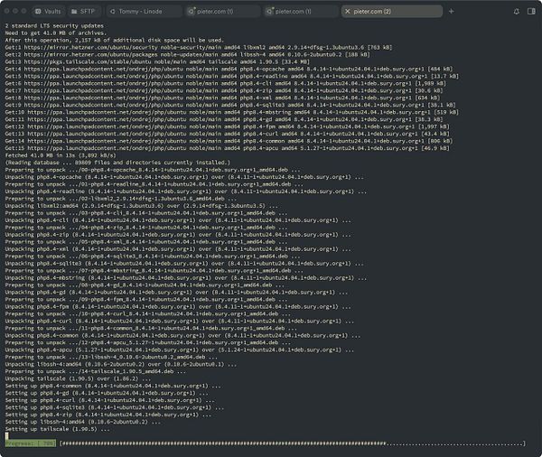 The image displays a terminal interface showing the progress of security updates being installed on a server.