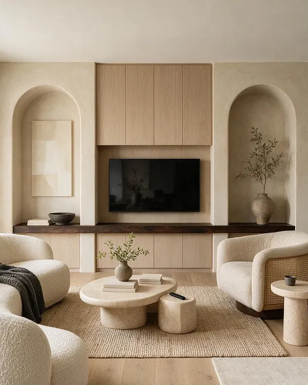 A serene living room in organic modern style with a built-in wood media wall, centered television, and two arched niches. Cream boucle armchairs and a textured rug surround a rounded stone coffee table, while neutral pottery, a woven accent chair, and soft beige finishes create a calm, earthy atmosphere.