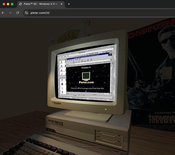 A retro computer setup displays the website Pieter.com on an old monitor.