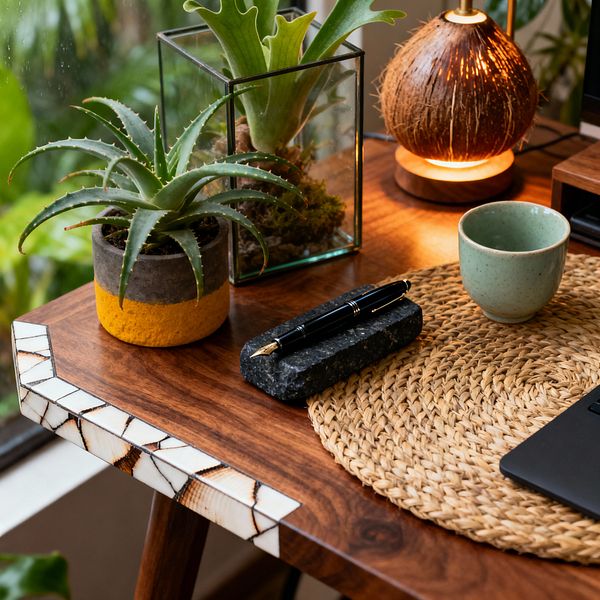 A close-up of a tropical-inspired home office desk shows a richly grained wood surface with white mosaic inlay near the edge, a round woven seagrass placemat, and a glowing coconut-shell table lamp. Small plants—a staghorn fern in a glass terrarium and an aloe in a concrete pot—sit by a rain-dappled window, alongside a speckled green ceramic cup, a black fountain pen on a stone holder, and the corner of a laptop.